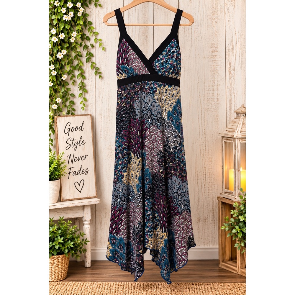AGB Dress Women's 10 Multicolor Paisley Handkerchief Hem V-Neck Midi Dress